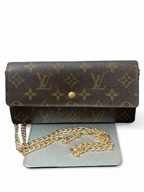 Vintage Louis Vuitton Monogram Canvas Trifold Crossbody Wallet Gold Chain Strap